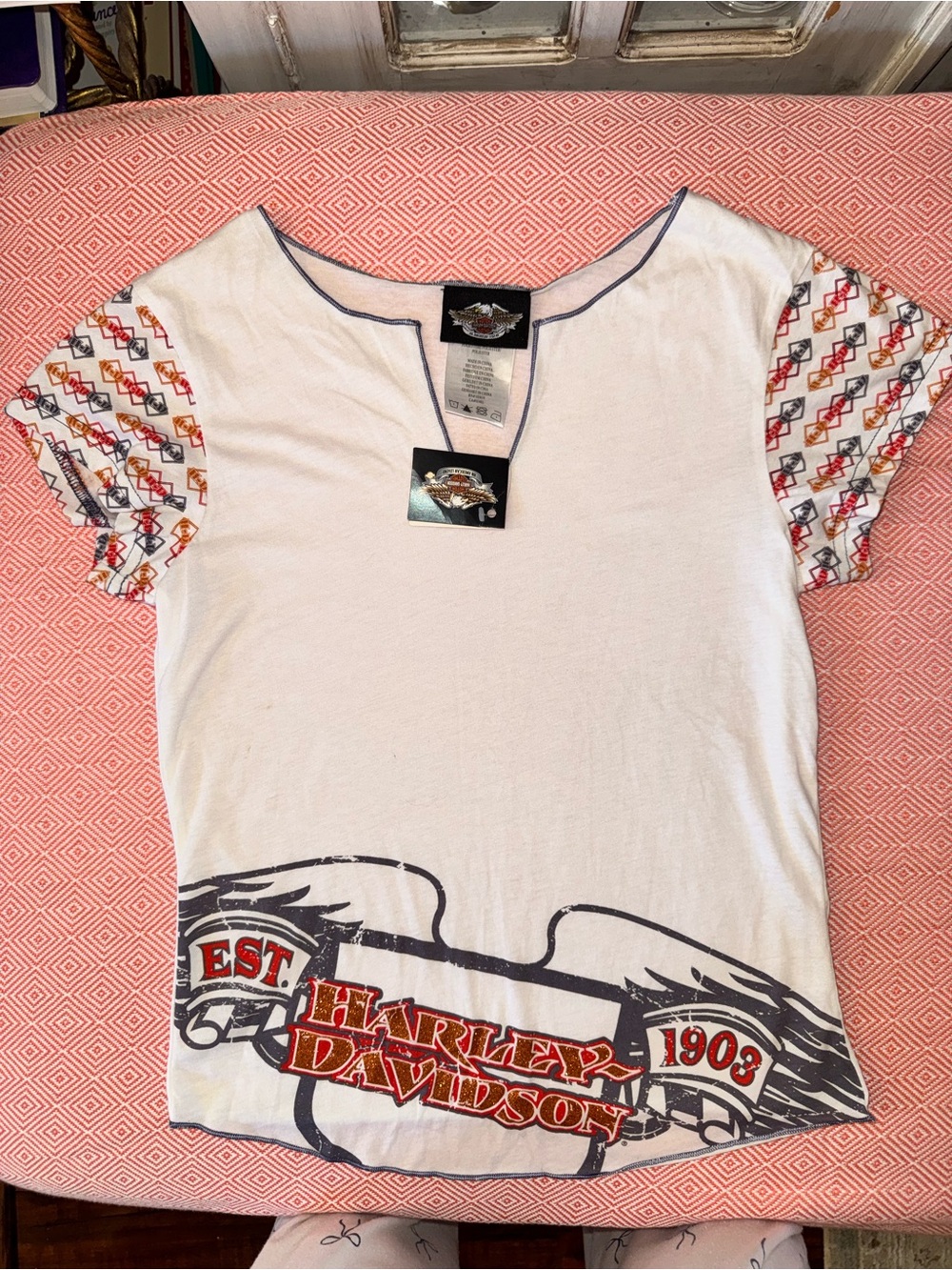Small Harley-Davidson White Short Sleeve sleep top with Red & Orange and black.